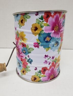Pioneer Woman Pink Blue White Metal Floral Flour Sifter Wooden Handle (Worn)